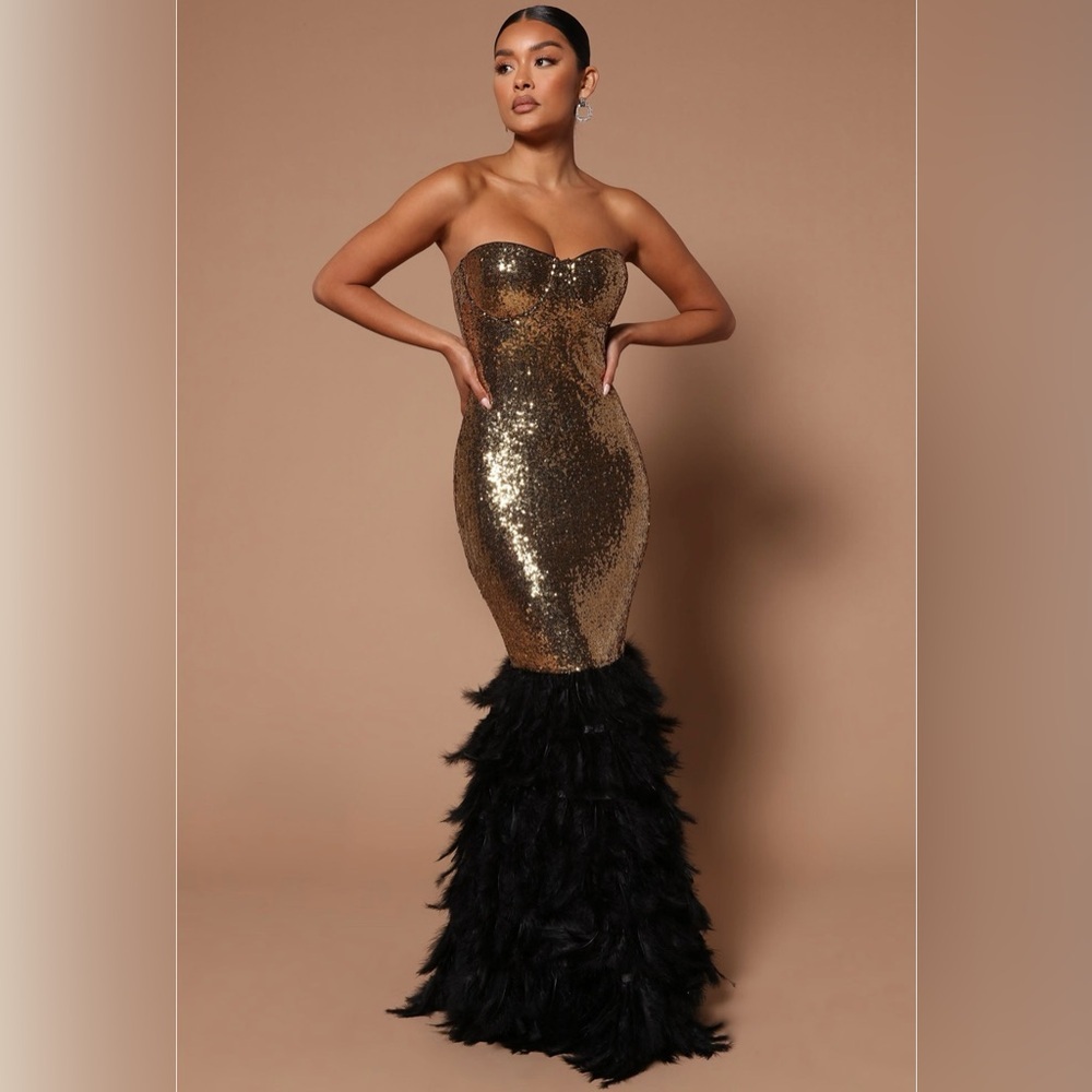 Julianne Feather Sequin Maxi Dress - Gold/Black